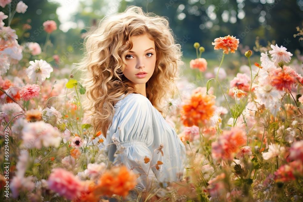 Naklejka premium flowers garden girl young beautiful flower fashion woman summer model spring hair nature beauty chaplet red happy people background portrait cute face skin dream lifestyle female green sensuality