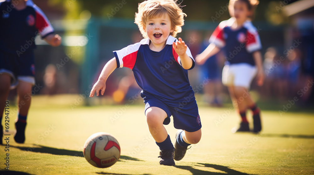 A young child in a soccer uniform joyfully playing soccer on a sunny field