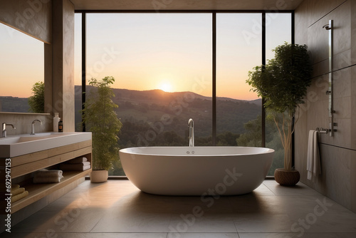 modern interior of a bathroom with shower area and bathtub with large window revealing a breathtaking landscape at sunset