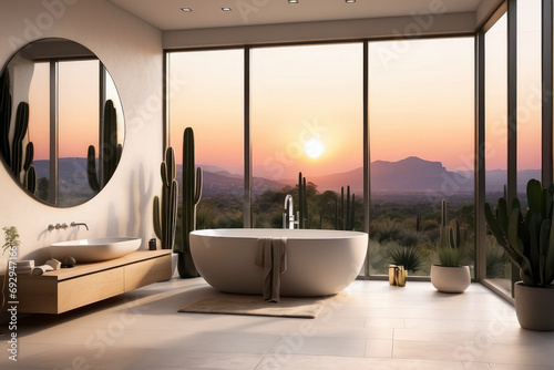 modern interior of a bathroom with shower area and bathtub with large window revealing a breathtaking landscape at sunset