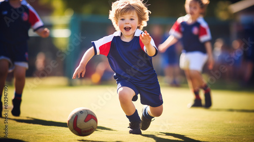A young child in a soccer uniform joyfully playing soccer on a sunny field