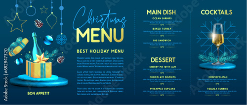 Restaurant Christmas holiday menu design with open gift box, champagne glass, pine cone and snowflakes . Vector illustration