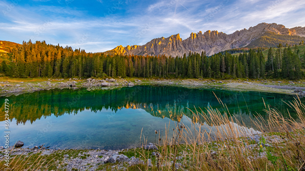 Lago di Carezza, emerald waters, enchanting Spruce forests, Latemar mountain vistas. A South Tyrol and Dolomites gem, captivating in every frame