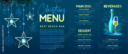 Restaurant Christmas holiday menu design with stars, snowflakes, champagne glass and bottle. Vector illustration
