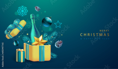 Merry Christmas holiday poster with 3D champagne bottle, Christmas tree branch, pine cone, star and gift box. Vector illustration