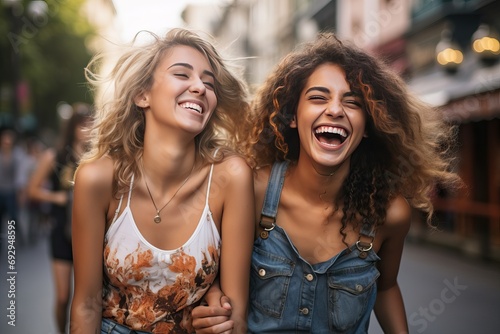 street fun having women Beautiful woman friends young happy summer portrait people smiling joy walking racism adult girl teenage couple lesbian pretty friendship 2 together youth lifestyle photo