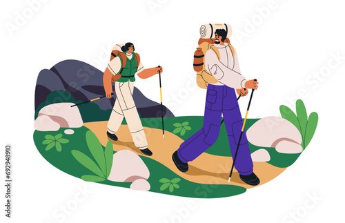 Hikers couple travel with walking poles. Tourists trekking, hiking with staffs in nature on summer holiday. Adventure with backpacks. Flat graphic vector illustration isolated on white background