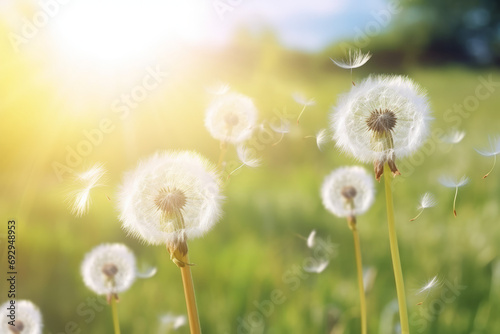 Dandelion seeds blowing in the wind across a summer field background photo