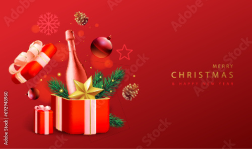 Merry Christmas holiday poster with 3D champagne bottle, Christmas tree branch, pine cone, star and gift box. Vector illustration