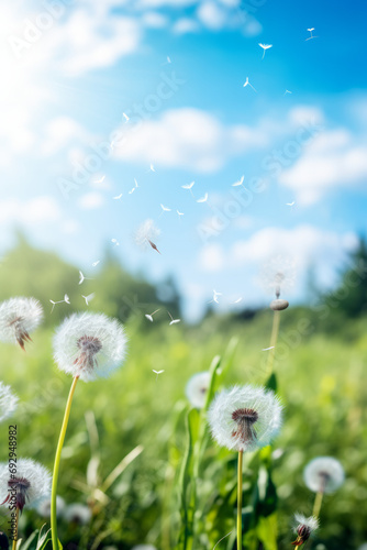 Dandelion seeds blowing in the wind across a summer field background