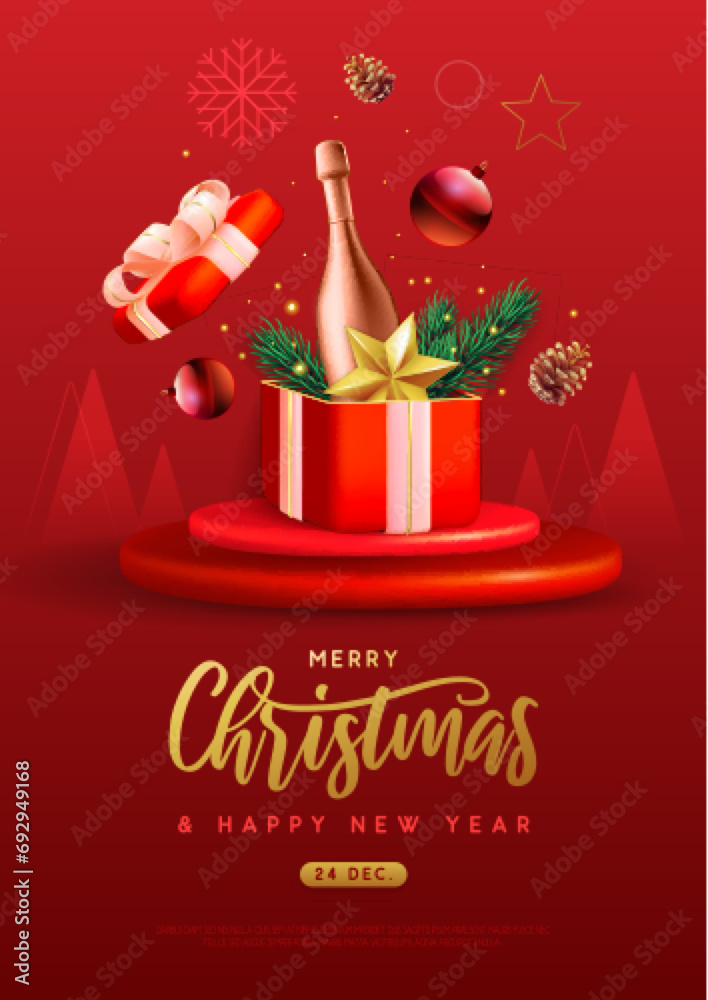 Fototapeta premium Merry Christmas holiday poster with 3D champagne bottle, Christmas tree branch, pine cone, star and gift box. Vector illustration