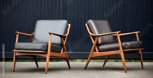 two chairs in the room, Mid Century Lounge Chairs with Reversible Cushions, Dark Wood Tone Mid Century Fabric Chair by WFB Designs

 photo