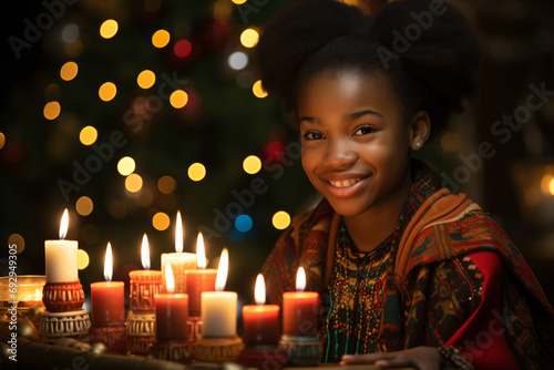 Kwanzaa Celebration, focusing on an illuminated candle glowing with cultural significance. Generative AI