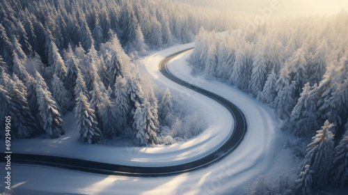 Curvy road by day from above, in the middle of a snow covered forest 