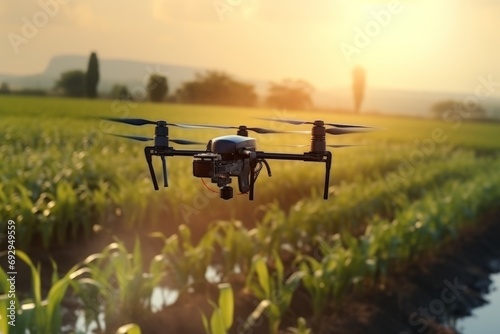 Large commercial hexacopter drone with camera flying over a rapeseed field green technilogy future farming support ideas concept