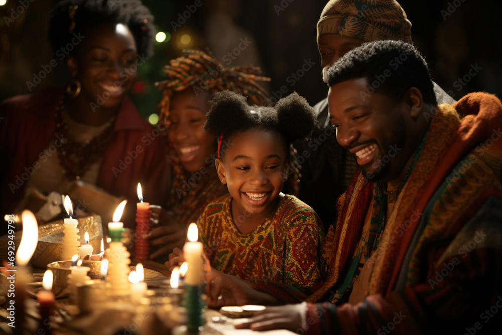 Kwanzaa Celebration, focusing on an illuminated candle glowing with cultural significance. Generative AI