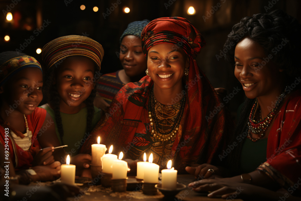 Kwanzaa Celebration, focusing on an illuminated candle glowing with cultural significance. Generative AI Kwanzaa Celebration, focusing on an illuminated candle glowing with cultural significance. Generative AI