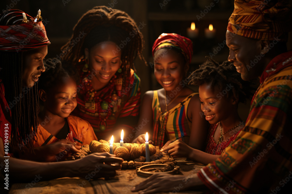Kwanzaa Celebration, focusing on an illuminated candle glowing with cultural significance. Generative AI Kwanzaa Celebration, focusing on an illuminated candle glowing with cultural significance. Generative AI