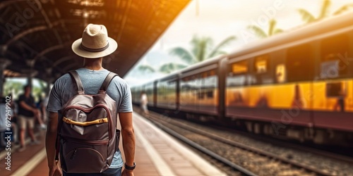 Young traveler at modern railway station. Urban landscape stylish man stands alone on platform backpack ready for journey photo