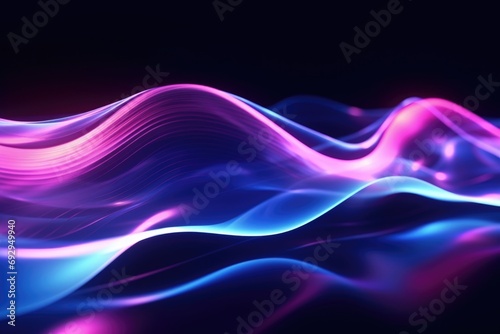Abstract futuristic background with glowing neon lines, waves moving at high speed