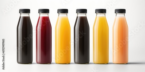 Glass bottles with juice and smoothies of different colors, detox program