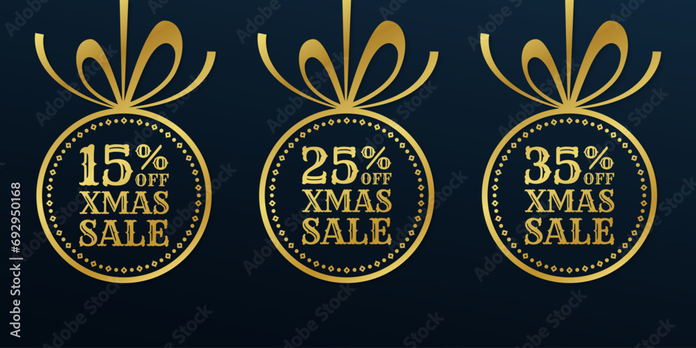 Obraz premium Xmas sale design with golden Christmas ball. 15, 25, 35 percent price off tag, icon or label. Winter holiday banner, background, promotion poster, promo card or flyer template. Vector illustration.