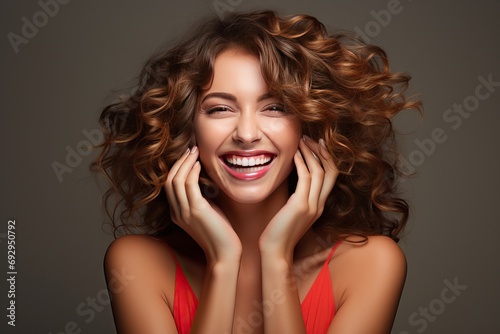 hand face closes laughs happy Girl manicure nails red hair curly woman Beautiful emotion expression cosmetology cosmetic beauty emotional brown cheerful close concept cute elegance facial fashion photo