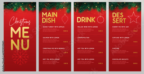 Restaurant Christmas holiday menu design with christmas floral garland on red background. Vector illustration