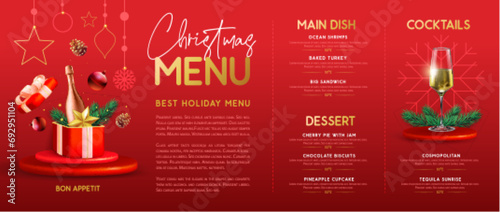 Restaurant Christmas holiday menu design with open gift box, champagne glass, pine cone and snowflakes . Vector illustration