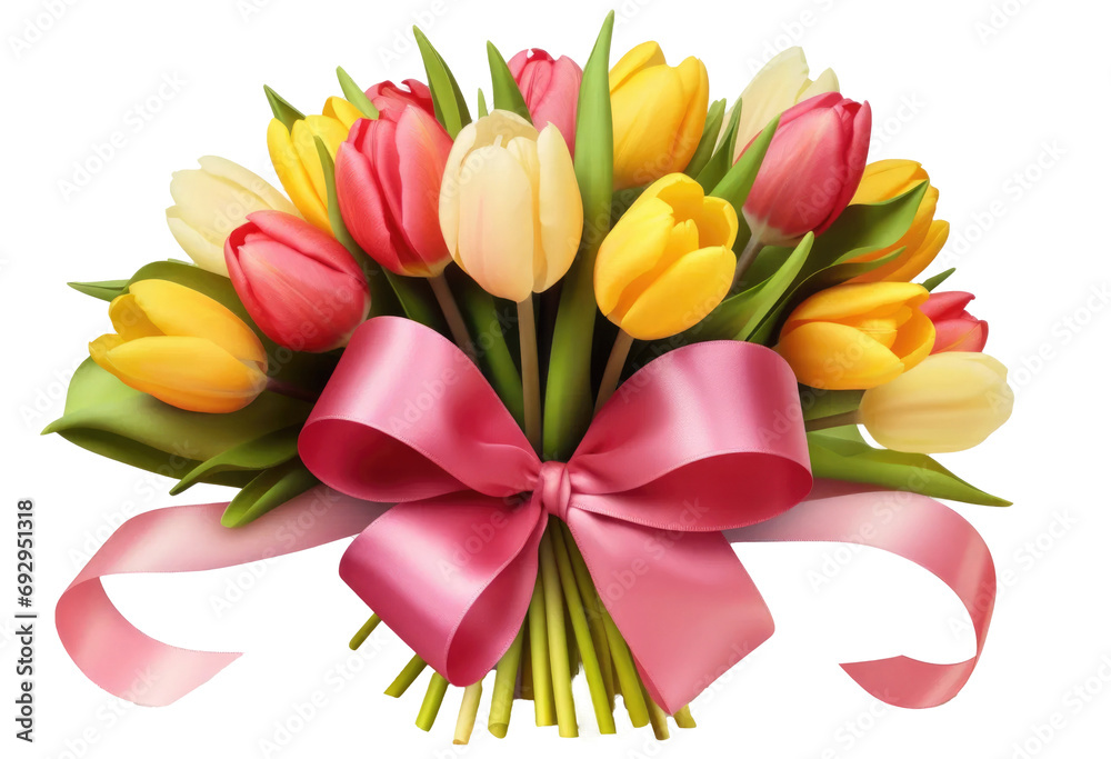 Colorful fresh beautiful tulips yellow and pink bunch with pink ribbon on transparent background. Woman's day, 8 march, Easter, Mother's day, anniversary, wedding
