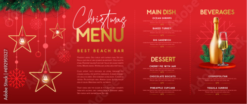 Restaurant Christmas holiday menu design with stars, snowflakes, champagne glass and bottle. Vector illustration