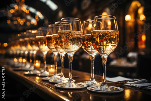Row of champagne glasses on a table at a luxury event, with warm, elegant lighting in the background. photo