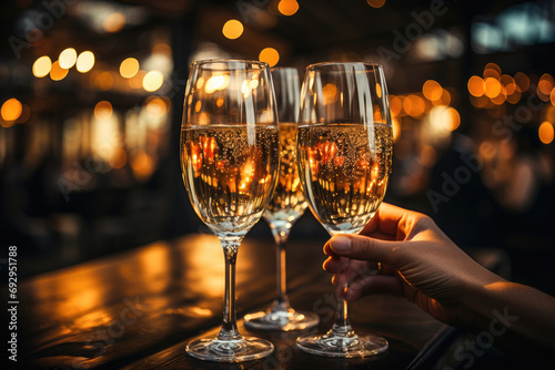 Close-up of hands toasting with champagne glasses against a warm, blurred light background in an elegant evening setting.