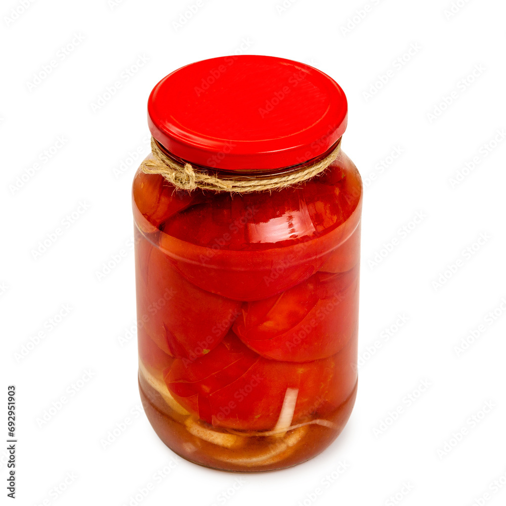 Pickled tomatoes in a jar on a white background, isolated Pickled tomatoes in a jar on a white background, isolated