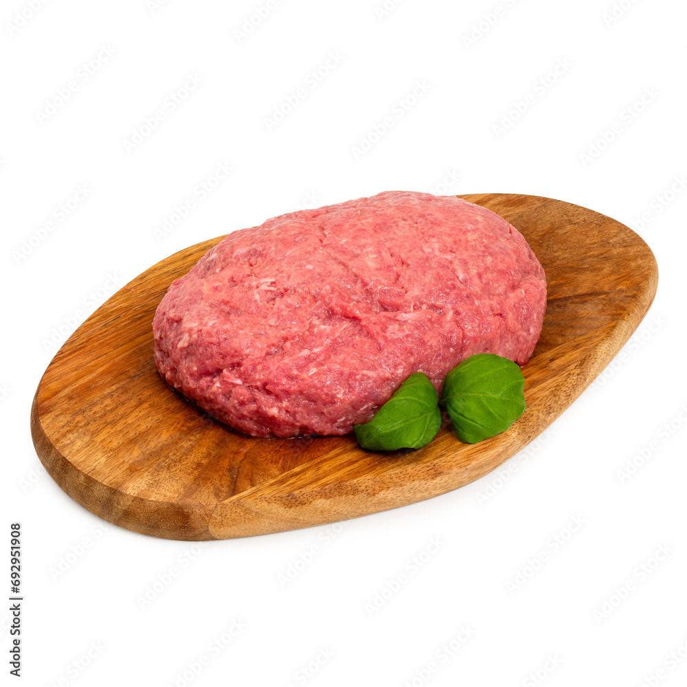 Fresh minced beef on a wooden board, on a white background, isolated Fresh minced beef on a wooden board, on a white background, isolated