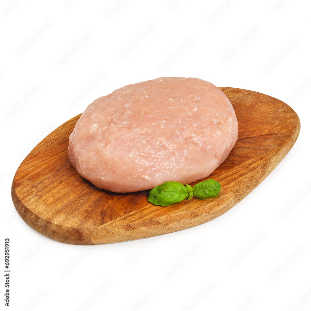 Fresh minced chicken on a wooden board, on a white background, isolated