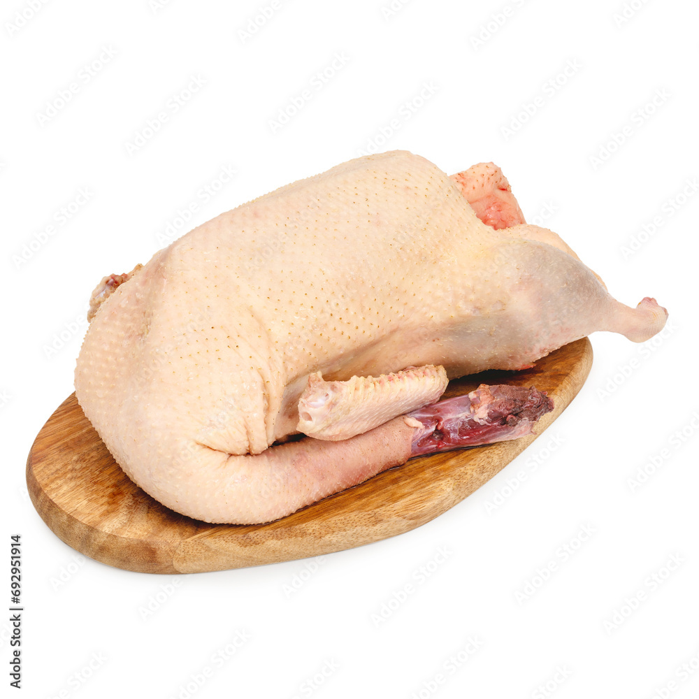 Fresh goose carcass on a wooden board, on a white background, isolated