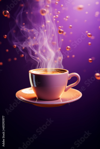 Cup of coffee levitationg on purple background