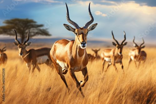 A group of Antelopes running in a field