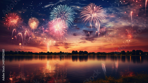 Beauty of the fireworks reflect on river or lake water.