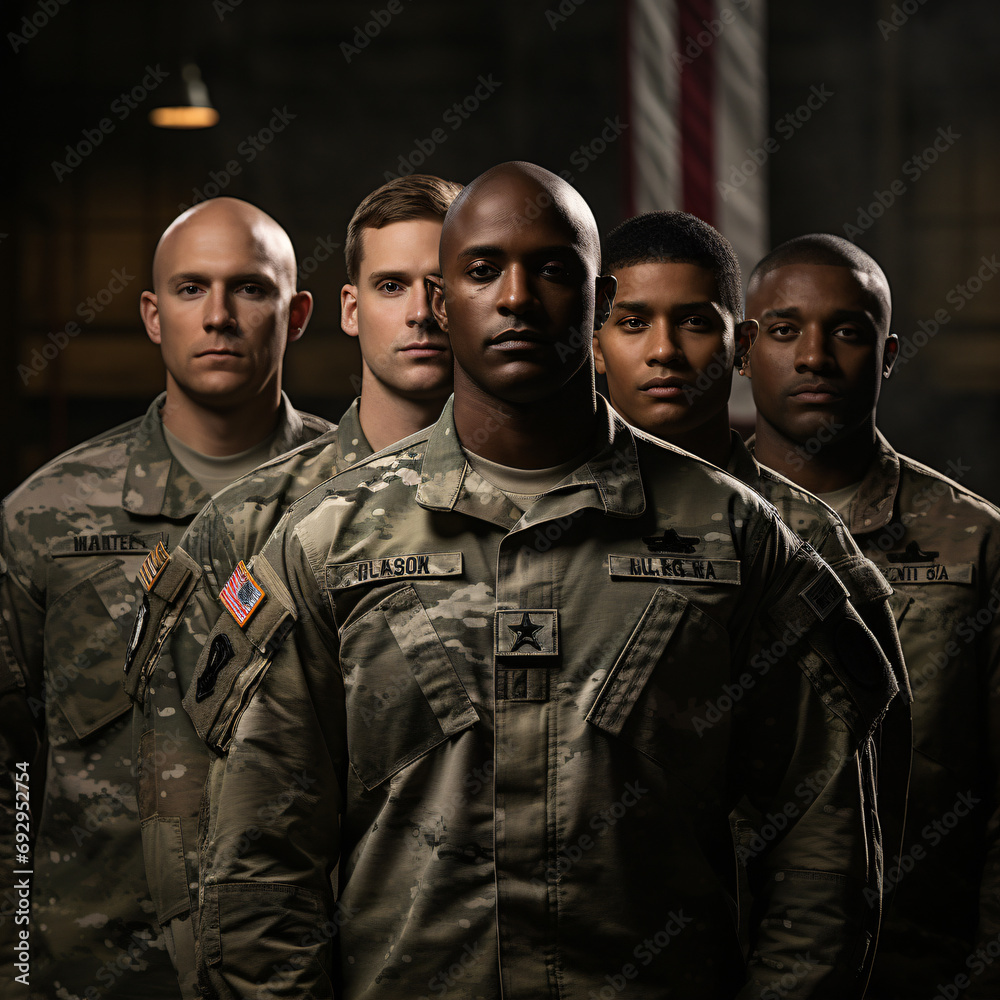 Fototapeta premium A group of army Respects the American flag in honor of the National Guard's Birthday. Generative AI