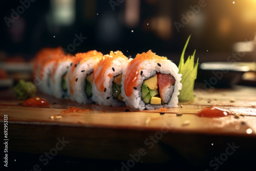 sushi on wooden board on dark background photo