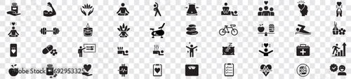 Wellness, Gym, Relaxation, Healthy Lifestyle, Exercise, Yoga, Spa, Diet, Fitness, Diet, Wellbeing, editable line icons set collection.