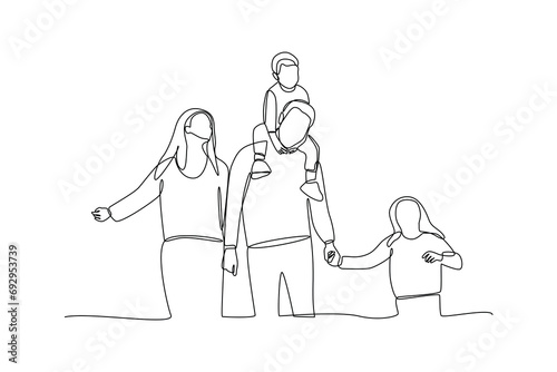 Simple family going to holiday, simple continuous line drawing of happy family minimalist concept. Family vacation.