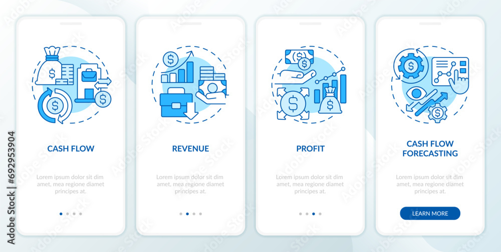 2D icons representing financial fundamentals monochromatic mobile app screen set. Walkthrough 4 steps blue graphic instructions with thin line icons concept, UI, UX, GUI template. - obrazy, fototapety, plakaty 