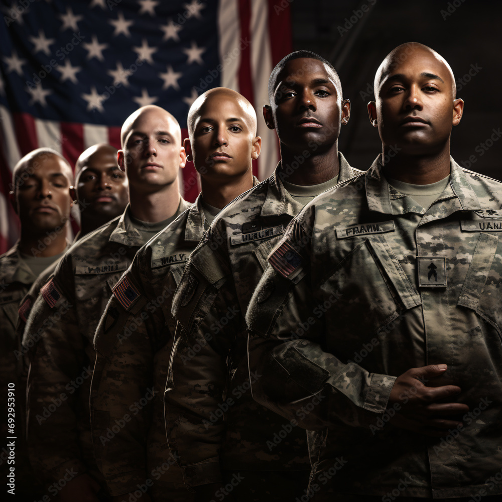 A group of army Respects the American flag in honor of the National Guard's Birthday. Generative AI A group of army Respects the American flag in honor of the National Guard's Birthday. Generative AI