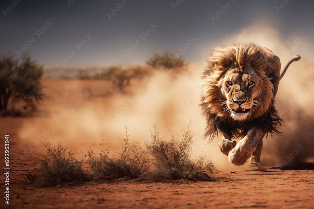 Un lion majestueux courant dans la savane, chassant une proie et soulevant beaucoup de poussières - obrazy, fototapety, plakaty 