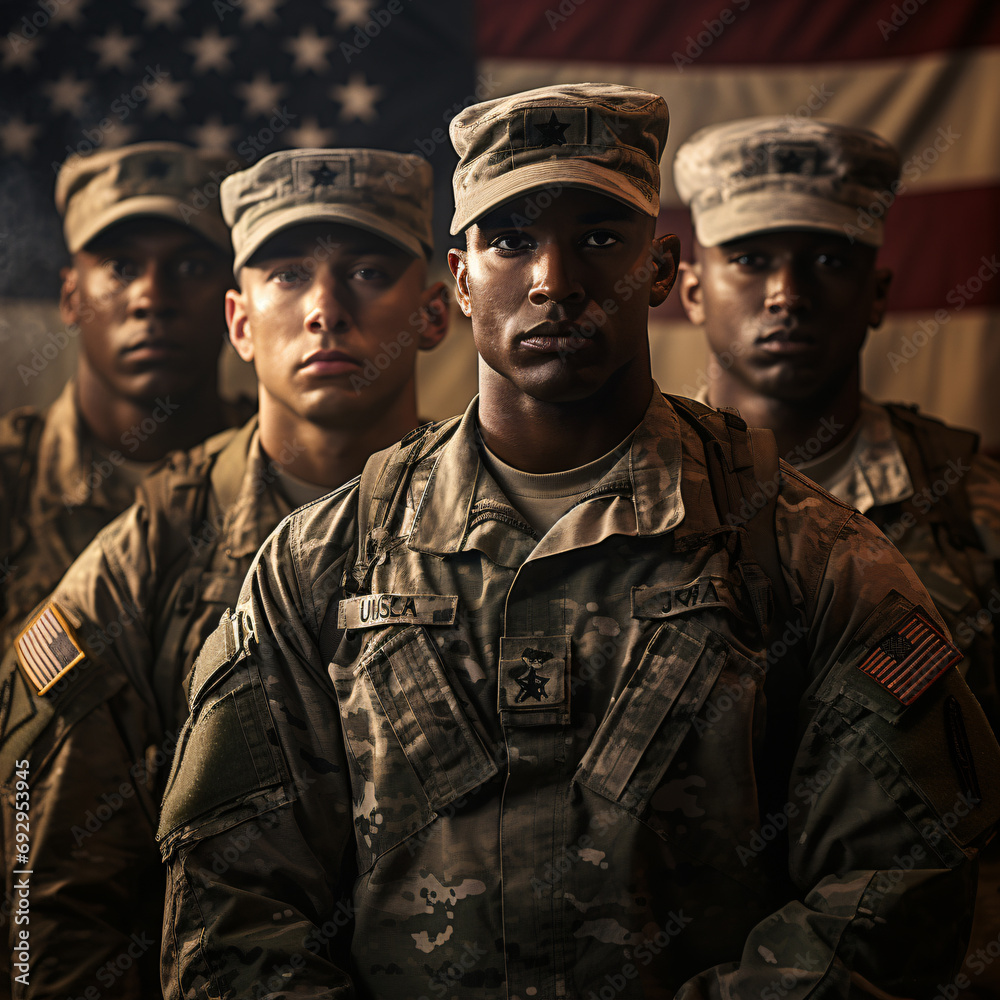 A group of army Respects the American flag in honor of the National Guard's Birthday. Generative AI A group of army Respects the American flag in honor of the National Guard's Birthday. Generative AI
