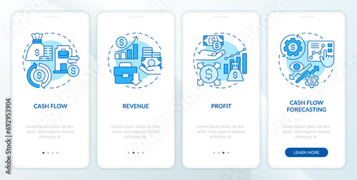 2D icons representing financial fundamentals monochromatic mobile app screen set. Walkthrough 4 steps blue graphic instructions with thin line icons concept, UI, UX, GUI template. photo