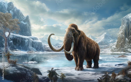 Une illustration d'un mammouth dans un royaume de neige et de glace sous l'ère quaternaire photo